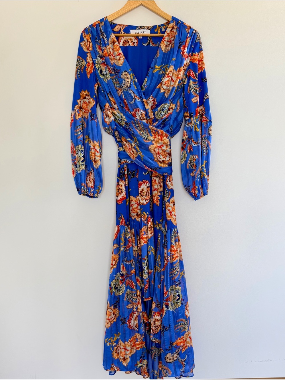 ELLIATT Blue Floral Paisley Wrap Maxi Dress Long Sleeve Size S